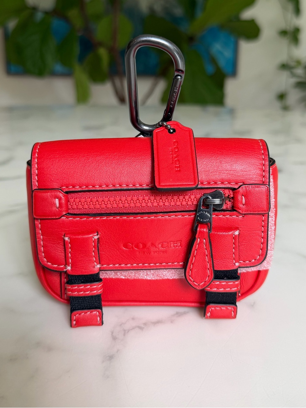 NWT COACH Micro Track Bag Charm Key Fob Gunmetal Miami Red Carabiner Clip C9981